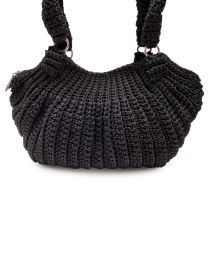 Close-up of the intricate vertical crochet stitching on a black bag.