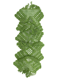 Full-length view of the green handmade crochet runner showing the repeating leaf motifs.
