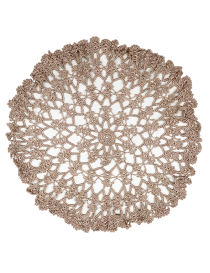 Overhead view of a circular brown crochet doily with intricate lace patterns for Syrian home decor.