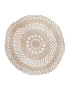 Large circular handmade crochet doily centerpiece in neutral beige.