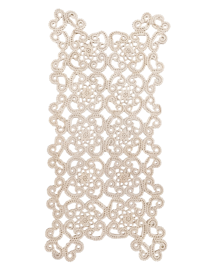 Large rectangular handmade crochet lace runner in cream for home decor.