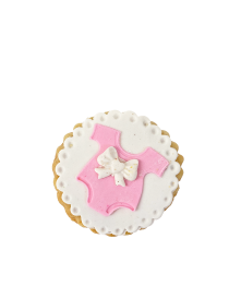Pink baby onesie sugar cookie with white bow for girl birth celebration gift.