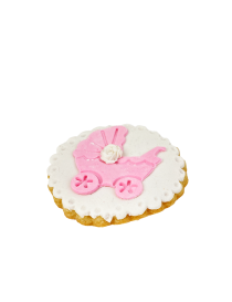 Hand-decorated pink baby stroller sugar cookie with white rose detail.