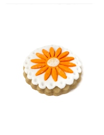 Round sugar cookie decorated with a vibrant orange and white daisy flower design.