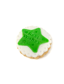 Green star-shaped sugar cookie with "Best Wishes" embossed in royal icing.