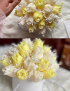 Top view of yellow and cream tulip candles with dried gypsophila in Syria.