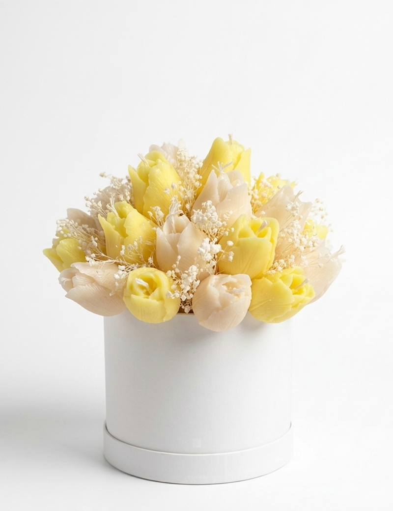 Artisan soy wax tulip bouquet centerpiece with white baby's breath flowers.