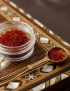 Premium Grade A Super Negin saffron threads with authentic Syrian mosaic wood box and brass spoon.