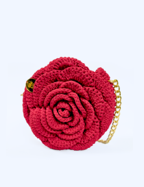 Elegant red Damask rose shaped crochet evening bag featuring a premium gold chain strap.