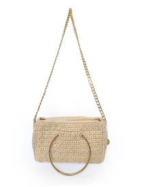 Handmade beige crochet evening handbag with long gold chain strap hanging