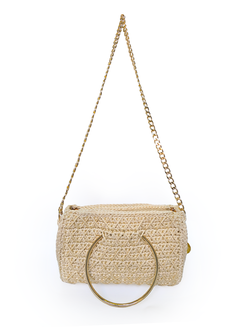 Handmade beige crochet evening handbag with long gold chain strap hanging