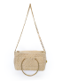 Handmade beige crochet evening handbag with long gold chain strap hanging