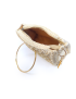 Top down view of open beige evening bag showing interior fabric lining and zipper closure.