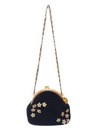NR Handmade black crochet bag with white Damascus jasmine flowers and gold chain strap