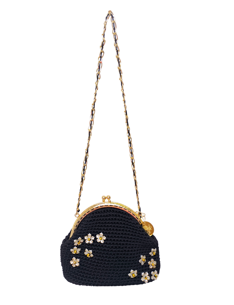 NR Handmade black crochet bag with white Damascus jasmine flowers and gold chain strap