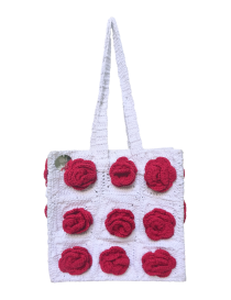 NR Handmade crochet tote bag with 3D red roses and long shoulder straps