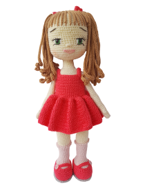 Full view of 40cm handmade Rama crochet doll by Seba Crochet in pink dress.