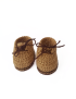 Close-up of miniature brown hand-knitted crochet shoes for doll