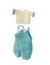 Removable crochet doll clothes including blue overalls and cream shirt