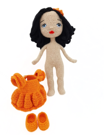 Lora handmade crochet doll with removable orange dress and shoes detached