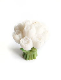 Front view of a handcrafted white tulip bouquet wax candle by Night Candles.