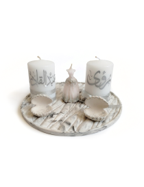 Front top view of personalized bridal candles with silver Arabic calligraphy on white background