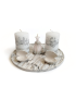 Front top view of personalized bridal candles with silver Arabic calligraphy on white background