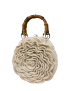 Off-white handmade crochet rose bag with bamboo style handles front view