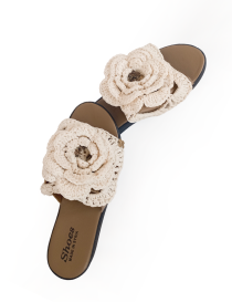 Top view of off-white handmade crochet floral sandals made in Syria