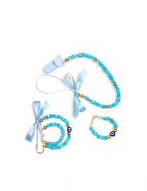 Handmade light blue crystal baby accessory set with pacifier clip bracelet and pin front top view
