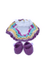 Handmade crochet dress with colorful ruffles and purple shoes for Celina doll