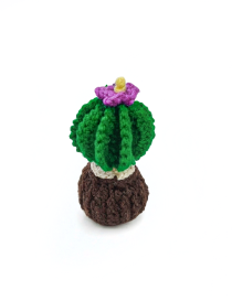 Handmade crochet round green cactus in brown pot with purple flower
