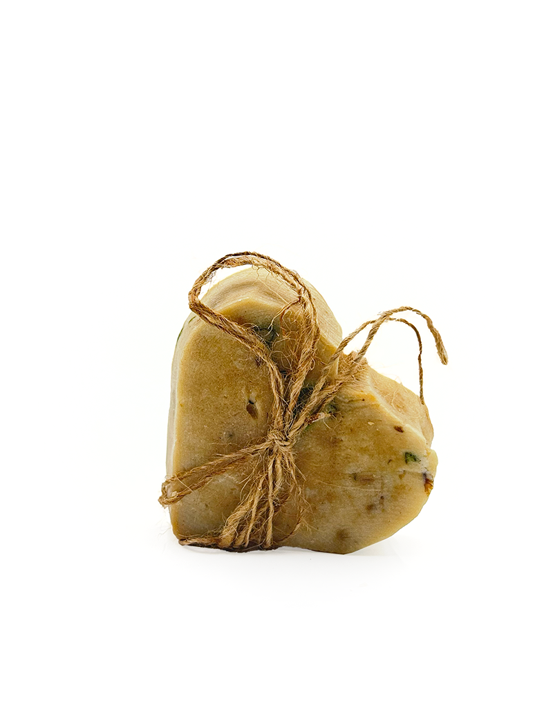 Front view of Ogaria heart-shaped cold-pressed virgin olive oil soap tied with natural jute twine