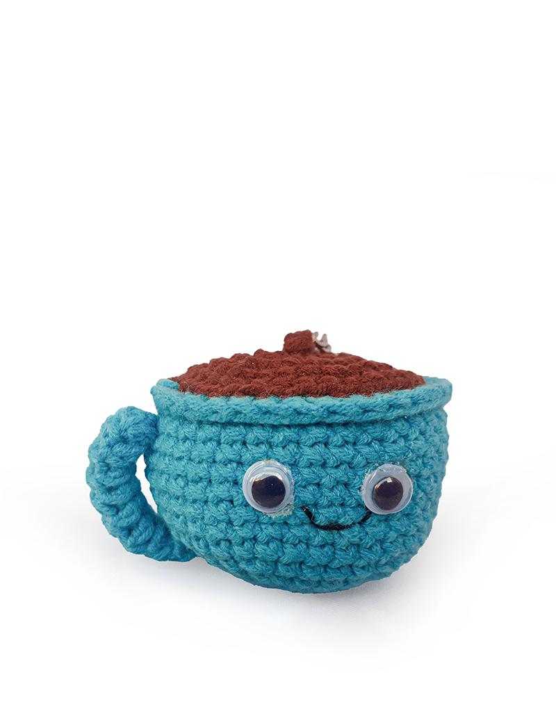 Handmade blue crochet coffee cup keychain with smiling face by Teto Store