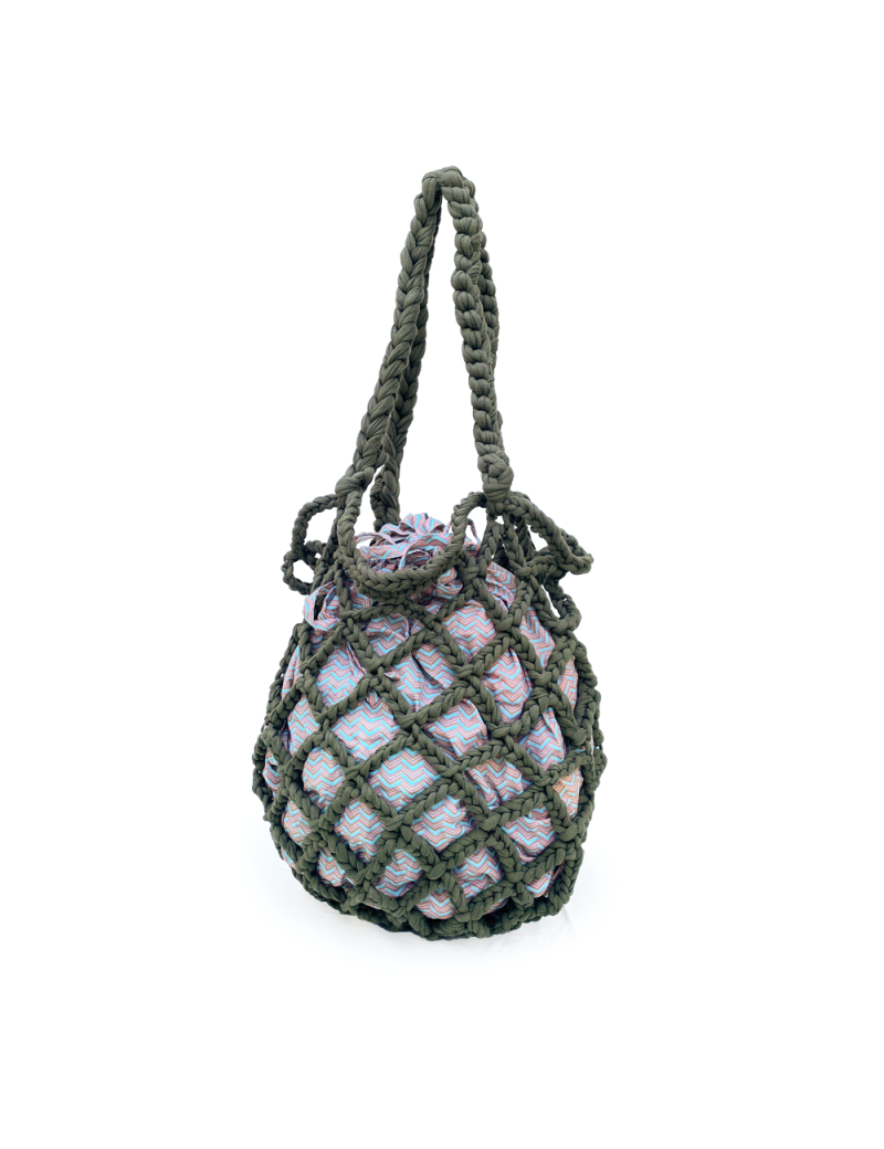 Navy Green Bag with Fabric Sack Crochet