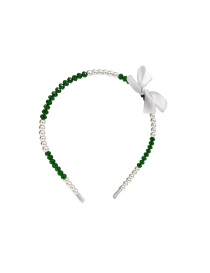 Emerald green crystal and white pearl headband with white bow.