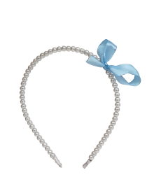 White faux pearl beaded headband with light blue satin bow.
