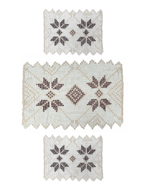 Complete 3-piece set of cream and brown beaded tablecloths showing one large and two small pieces.