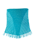 Full length turquoise mesh crochet scarf on white background.