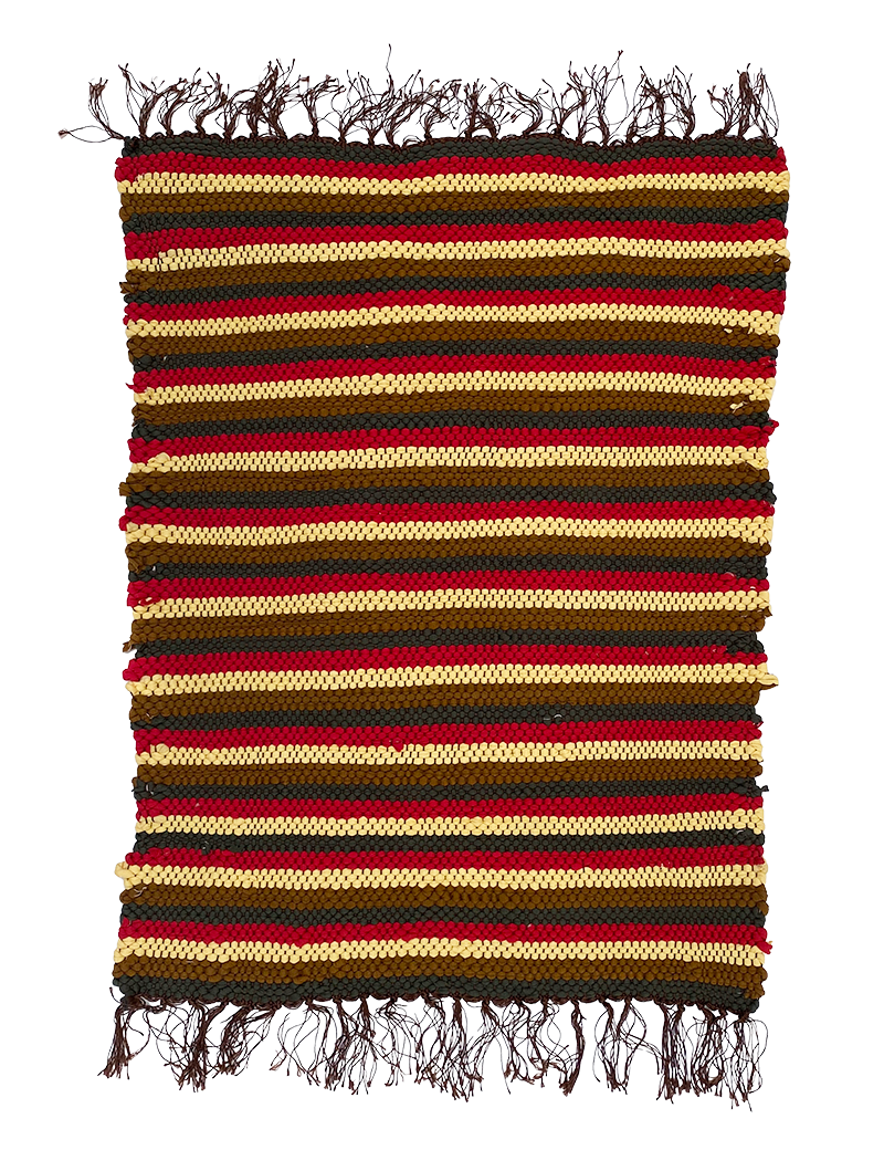 Full view of handmade earthy Kilim rug with red, brown, and yellow stripes.