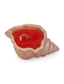 Overhead view of pink seashell concrete candle with red wax and wick.