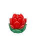 Front view of a red and green scented lotus flower candle.