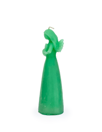 Side profile of handcrafted green scented angel candle.