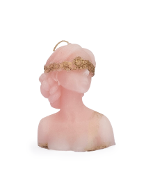 Front view of pink lady bust candle with gold floral blindfold.