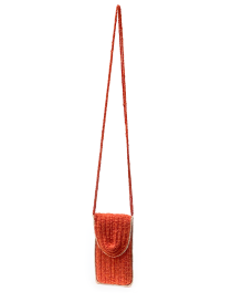 Full view of orange crochet mobile pouch with long crossbody strap.