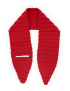 Flat lay of red crochet scarf showing the functional keyhole slot and Dakron-filled tips.