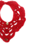 Detailed close-up of red lace crochet stitching and faceted bead embroidery on a handmade collar.