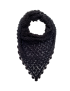 Black crochet triangle shawl styled as a draped neck scarf.