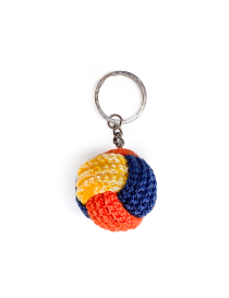 Navy blue, orange, and yellow crochet puzzle ball keychain with metal ring.