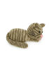 High-angle shot of the amigurumi cat highlighting the striped texture and curved tail.